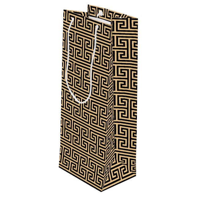 Greek Meander Key Square H Pattern Brown Wine Gift Bag (Back Angled)