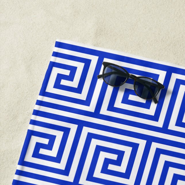Greek Meander Key Squares Pattern Blue Beach Towel (In Situ)