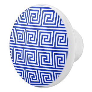 Greek Meander Key Squares Pattern Blue Ceramic Knob