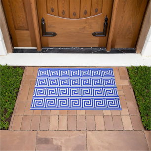 Greek Meander Key Squares Pattern Blue Doormat