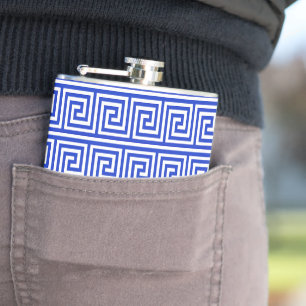 Greek Meander Key Squares Pattern Blue Hip Flask