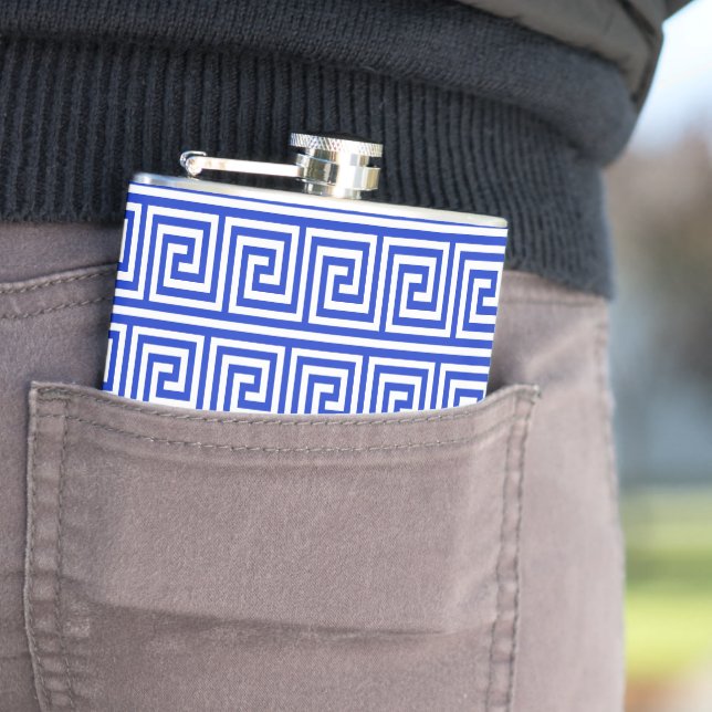 Greek Meander Key Squares Pattern Blue Hip Flask (In Situ)