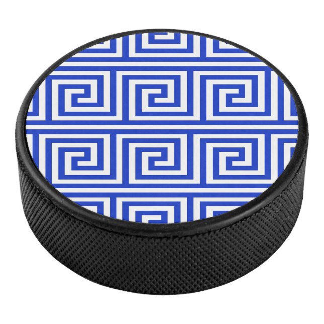 Greek Meander Key Squares Pattern Blue Hockey Puck (3/4)