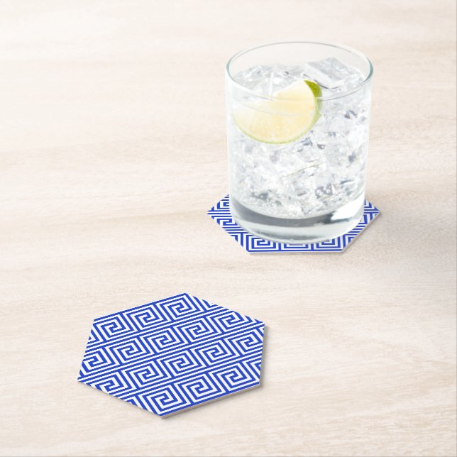 Greek Meander Key Squares Pattern Blue Paper Coaster (Insitu)