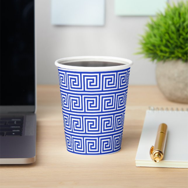 Greek Meander Key Squares Pattern Blue Paper Cups (Insitu)