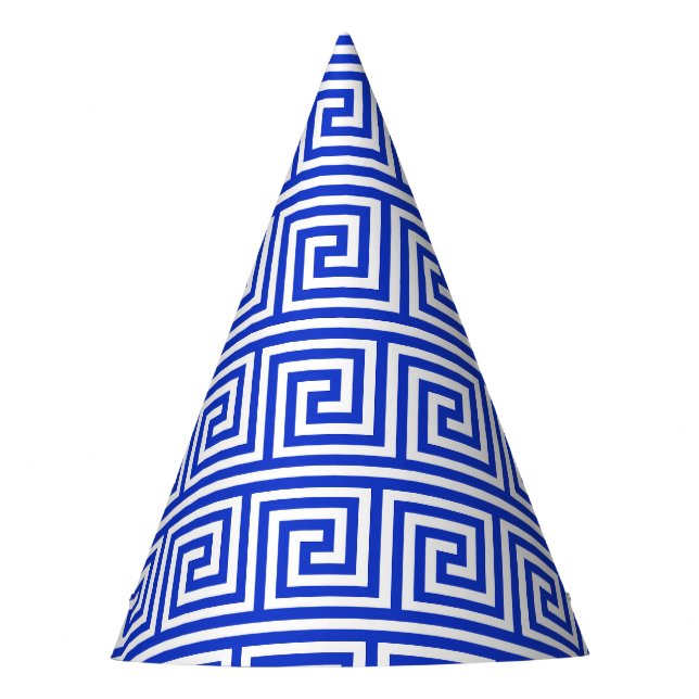 Greek Meander Key Squares Pattern Blue Party Hat (Front)