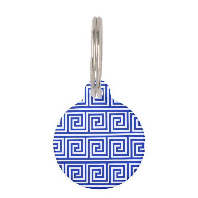 Greek Meander Key Squares Pattern Blue Pet Tag (Front)