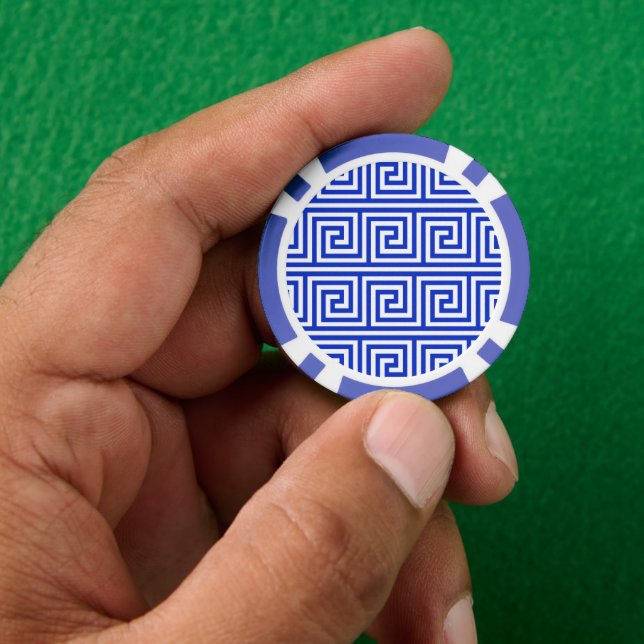 Greek Meander Key Squares Pattern Blue Poker Chips (Hand)