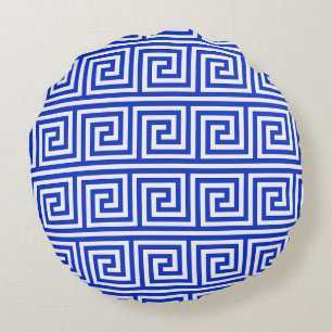 Greek Meander Key Squares Pattern Blue Round Cushion