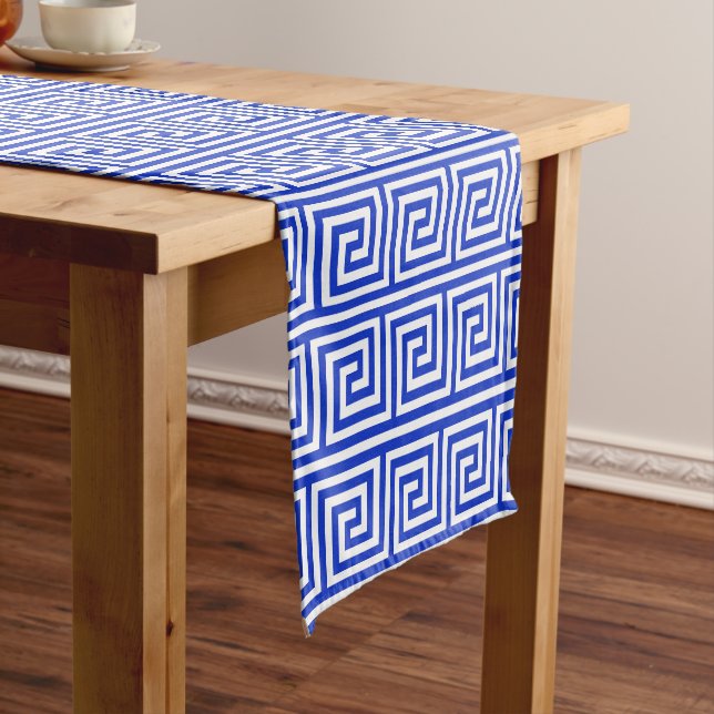 Greek Meander Key Squares Pattern Blue Short Table Runner (In Situ)