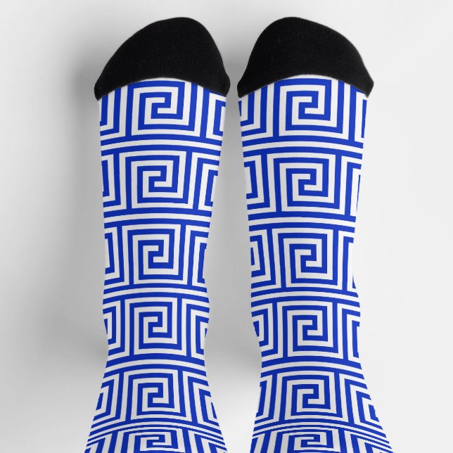 Greek Meander Key Squares Pattern Blue Socks (Top)