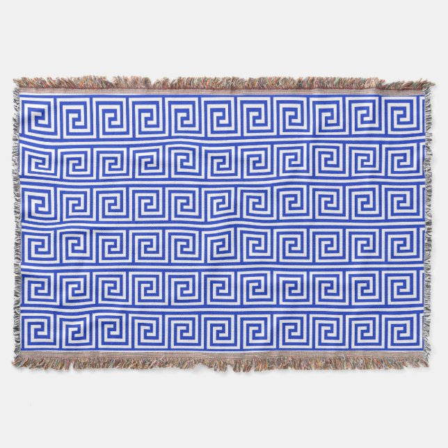 Greek Meander Key Squares Pattern Blue Throw Blanket (Front)