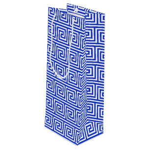 Greek Meander Key Squares Pattern Blue Wine Gift Bag