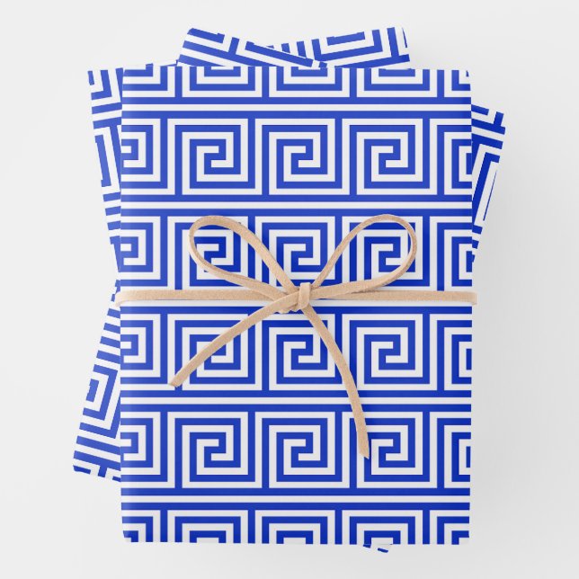 Greek Meander Key Squares Pattern Blue Wrapping Paper Sheet (In situ)