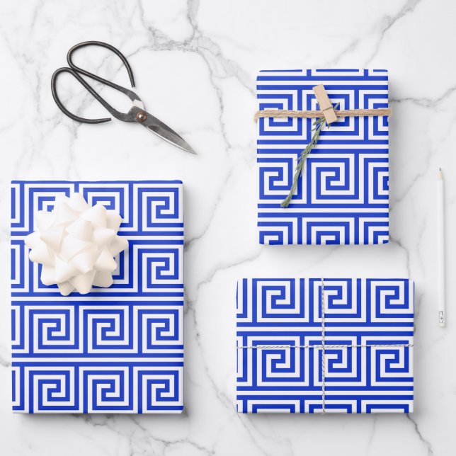 Greek Meander Key Squares Pattern Blue Wrapping Paper Sheet (Front)