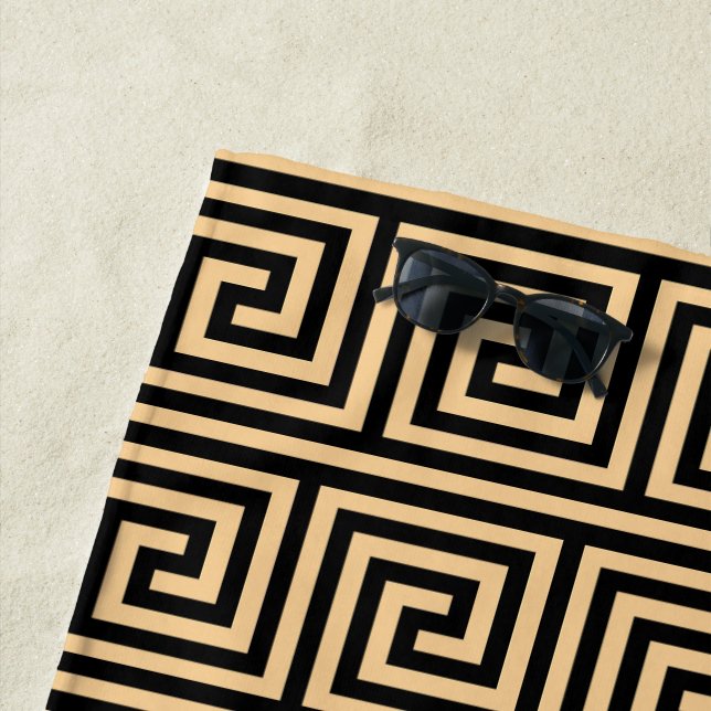 Greek Meander Key Squares Pattern Brown Beach Towel (In Situ)