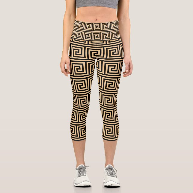Greek Meander Key Squares Pattern Brown Capri Leggings (Front)