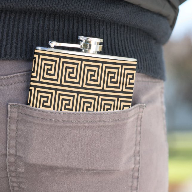 Greek Meander Key Squares Pattern Brown Hip Flask (In Situ)