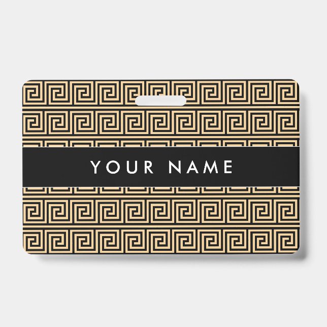 Greek Meander Key Squares Pattern Brown ID Badge (Front)