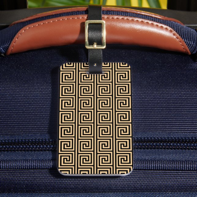 Greek Meander Key Squares Pattern Brown Luggage Tag (Front Insitu 2)