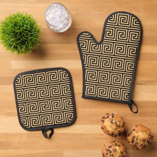 Greek Meander Key Squares Pattern Brown Oven Mitt & Pot Holder Set