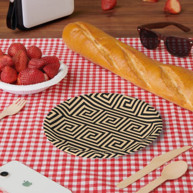 Greek Meander Key Squares Pattern Brown Paper Plate (Picnic)