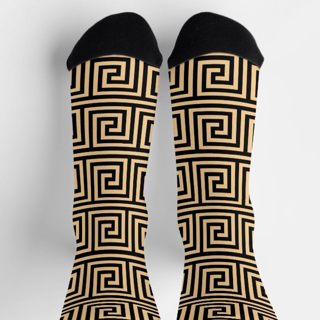 Greek Meander Key Squares Pattern Brown Socks (Top)