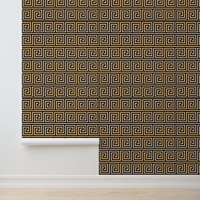 Greek Meander Key Squares Pattern Brown Wallpaper (Application)