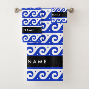 Greek Meander Key, Wave Key, Blue, Your Name Bath Towel Set