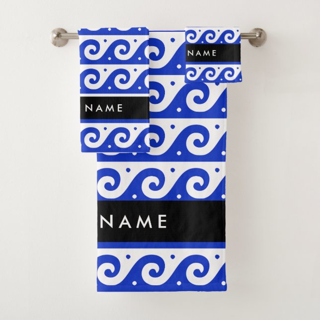 Greek Meander Key, Wave Key, Blue, Your Name Bath Towel Set (Insitu)