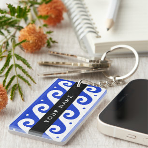 Greek Meander Key, Wave Key, Blue, Your Name Key Ring