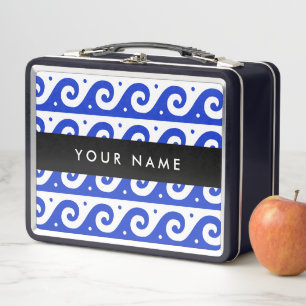 Greek Meander Key, Wave Key, Blue, Your Name Metal Lunch Box