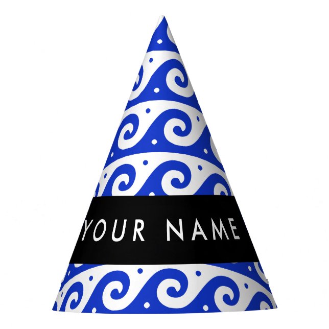 Greek Meander Key, Wave Key, Blue, Your Name Party Hat (Front)