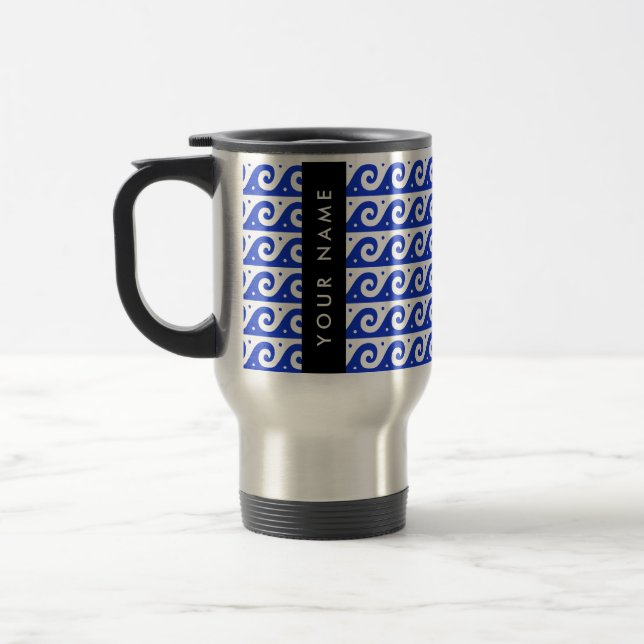 Greek Meander Key, Wave Key, Blue, Your Name Travel Mug (Left)