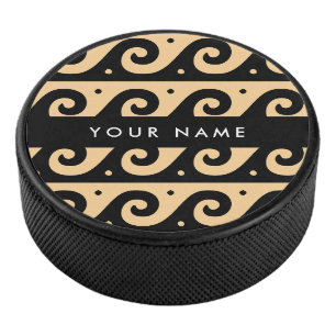 Greek Meander Key, Wave Key, Brown, Your Name Hockey Puck
