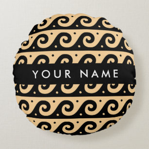 Greek Meander Key, Wave Key, Brown, Your Name Round Cushion