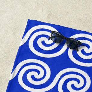 Greek Meander Key Waves Pattern Blue Beach Towel
