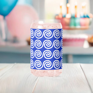 Greek Meander Key Waves Pattern Blue Can Glass