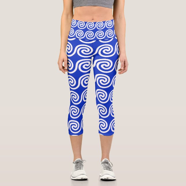 Greek Meander Key Waves Pattern Blue Capri Leggings (Front)