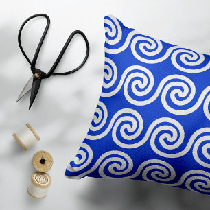 Greek Meander Key Waves Pattern Blue Decorative Cushion
