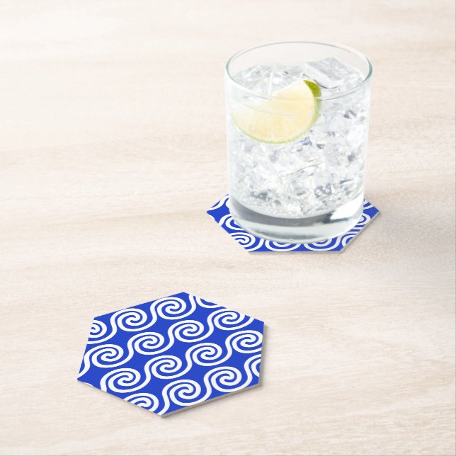 Greek Meander Key Waves Pattern Blue Paper Coaster (Insitu)