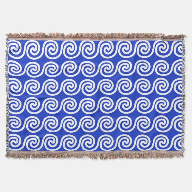 Greek Meander Key Waves Pattern Blue Throw Blanket (Front)