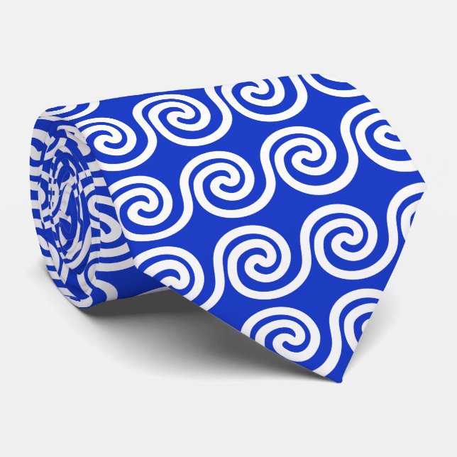 Greek Meander Key Waves Pattern Blue Tie (Rolled)