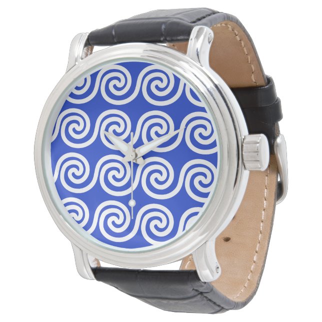 Greek Meander Key Waves Pattern Blue Watch (Angled)