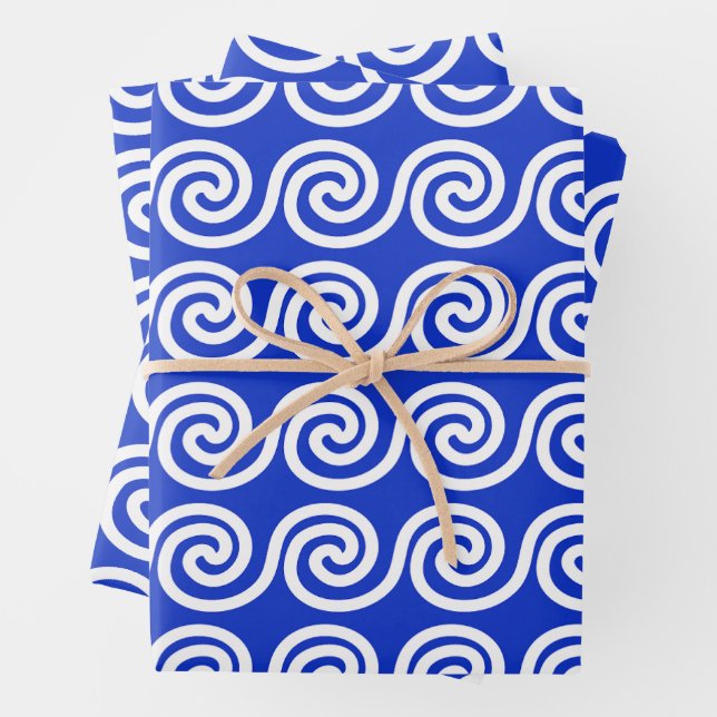 Greek Meander Key Waves Pattern Blue Wrapping Paper Sheet (In situ)