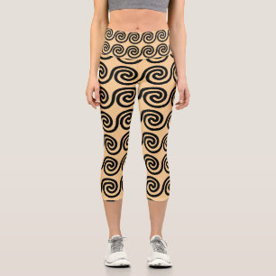 Greek Meander Key Waves Pattern Brown Capri Leggings