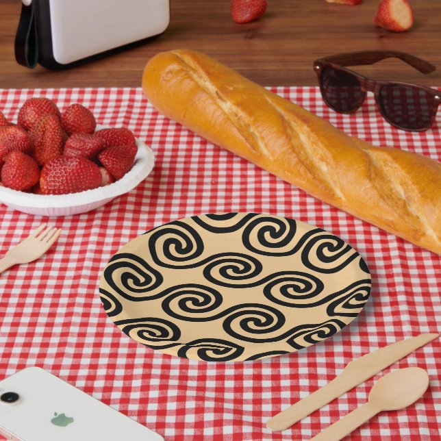 Greek Meander Key Waves Pattern Brown Paper Plate (Picnic)