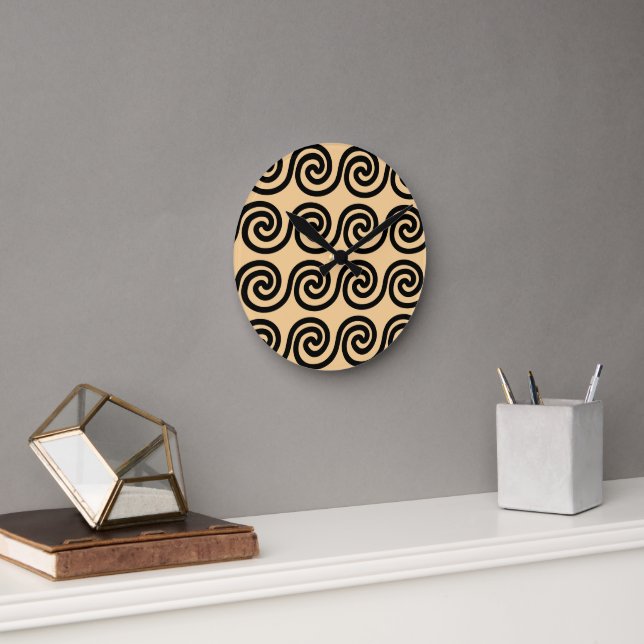Greek Meander Key Waves Pattern Brown Round Clock (Office)
