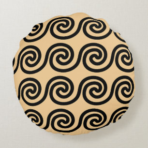 Greek Meander Key Waves Pattern Brown Round Cushion