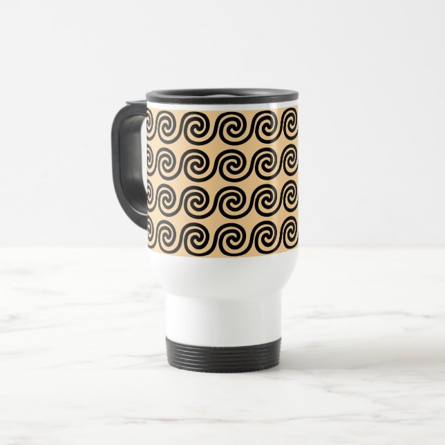 Greek Meander Key Waves Pattern Brown Travel Mug (Front Left)